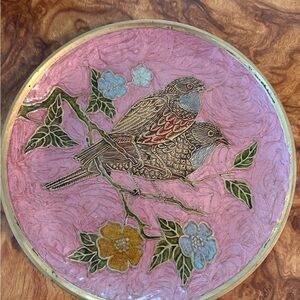 Decorative Brass Bird Cloisonné Plate with Pink and Gold Accents
